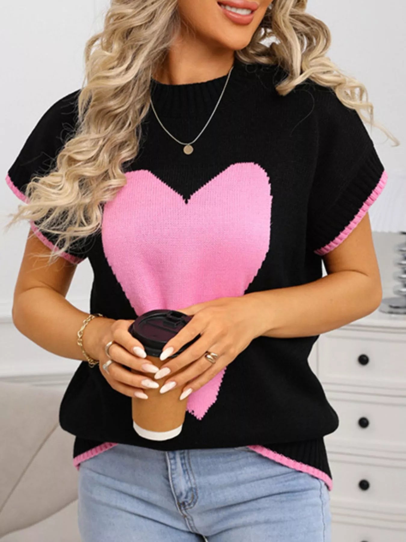 Valentines Day Heart Graphic Short Sleeve Sweater for Women