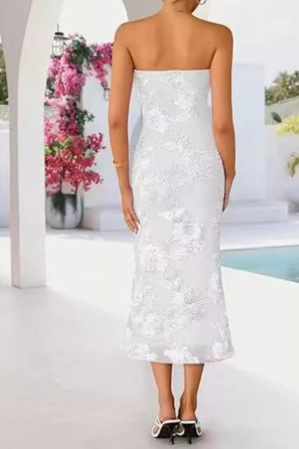 Strapless Lace Embellished Midi Dress in White for Women