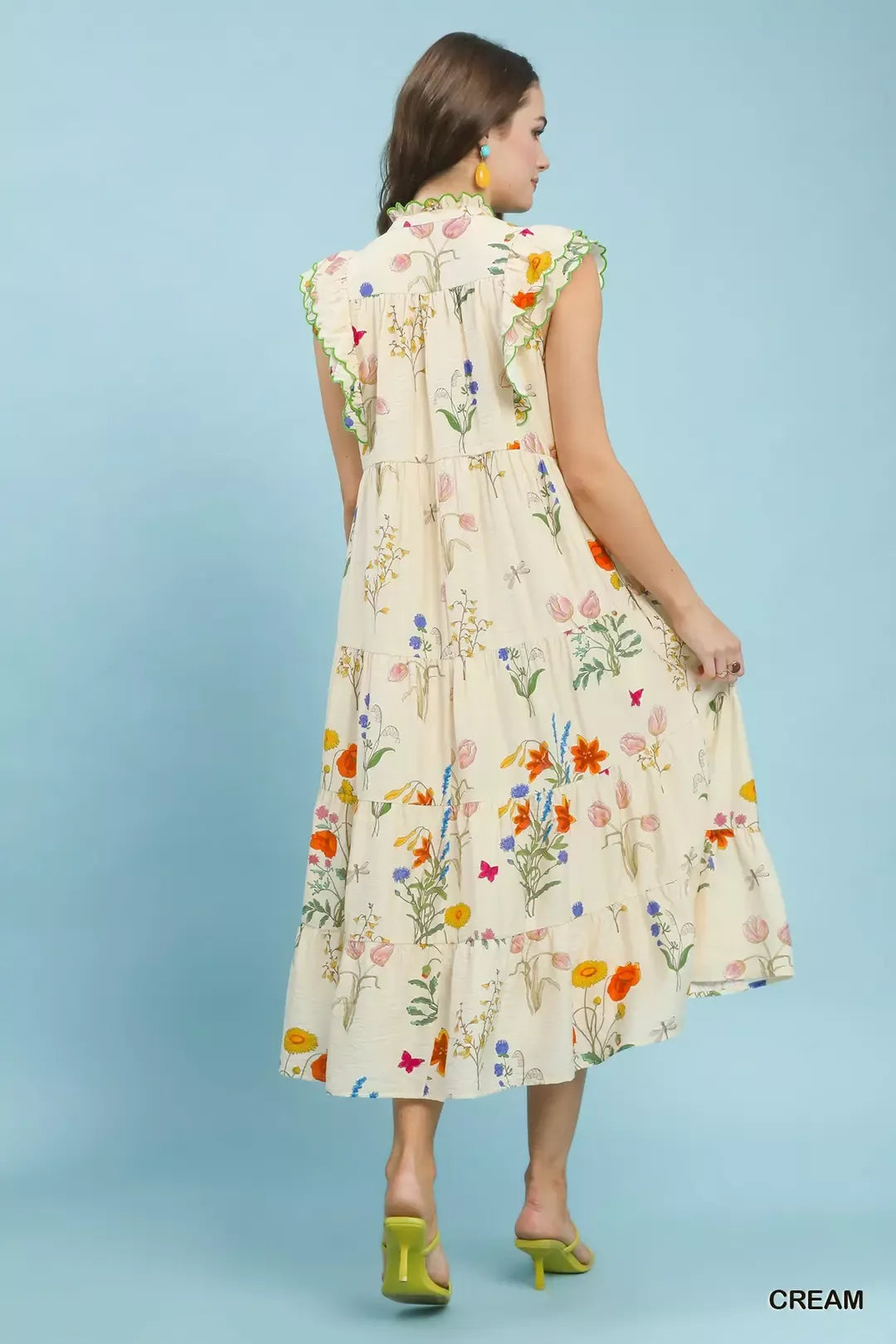 Floral Ruffle Tiered Midi Dress with Scalloped Detail in Cream for Women