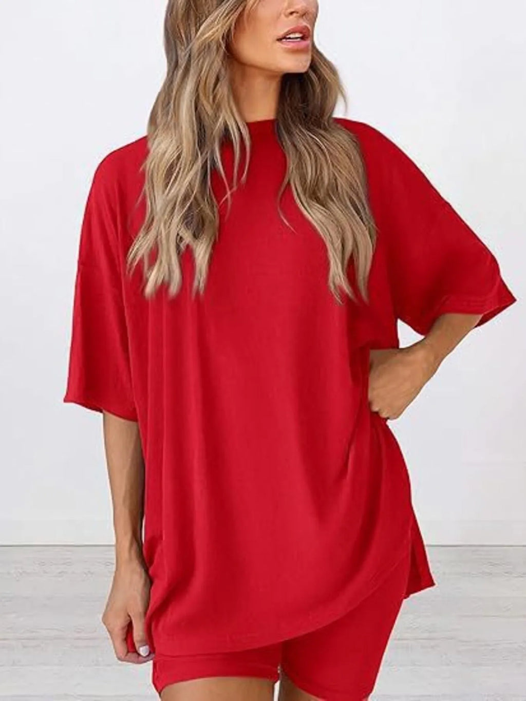 Oversized Slit Round Neck Top and Shorts Lounge Set Plus Size in Black for Women