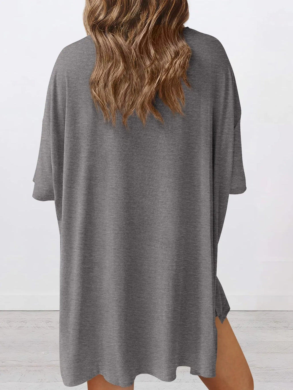 Oversized Slit Round Neck Top and Shorts Lounge Set Plus Size in Grey for Women