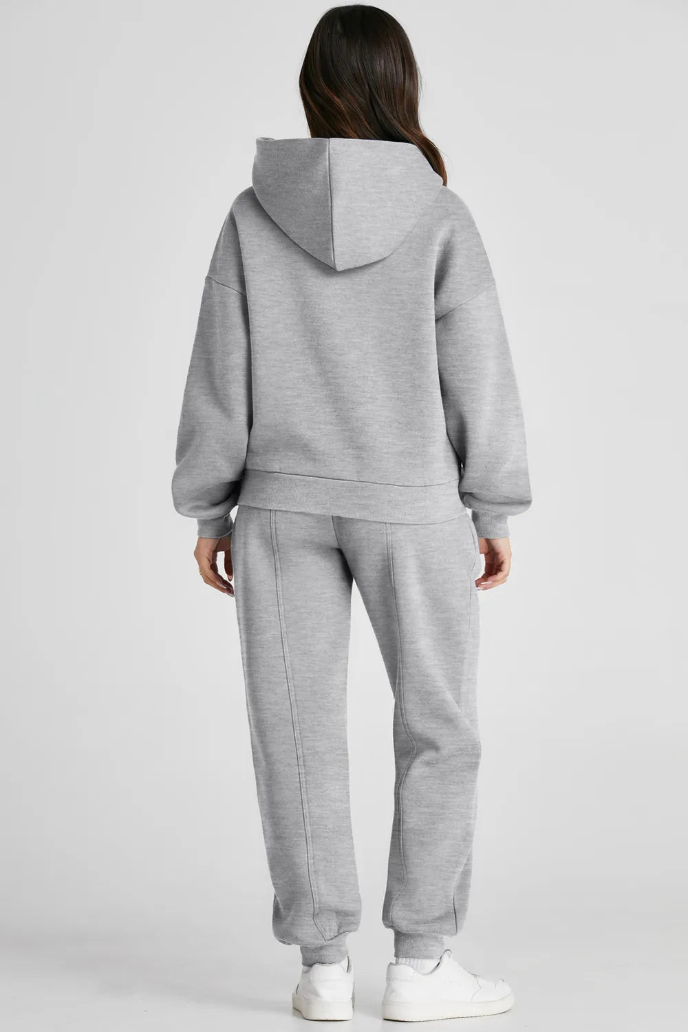 Dropped Shoulder Long Sleeve Hoodie and Pants Active Set in Gray for Women
