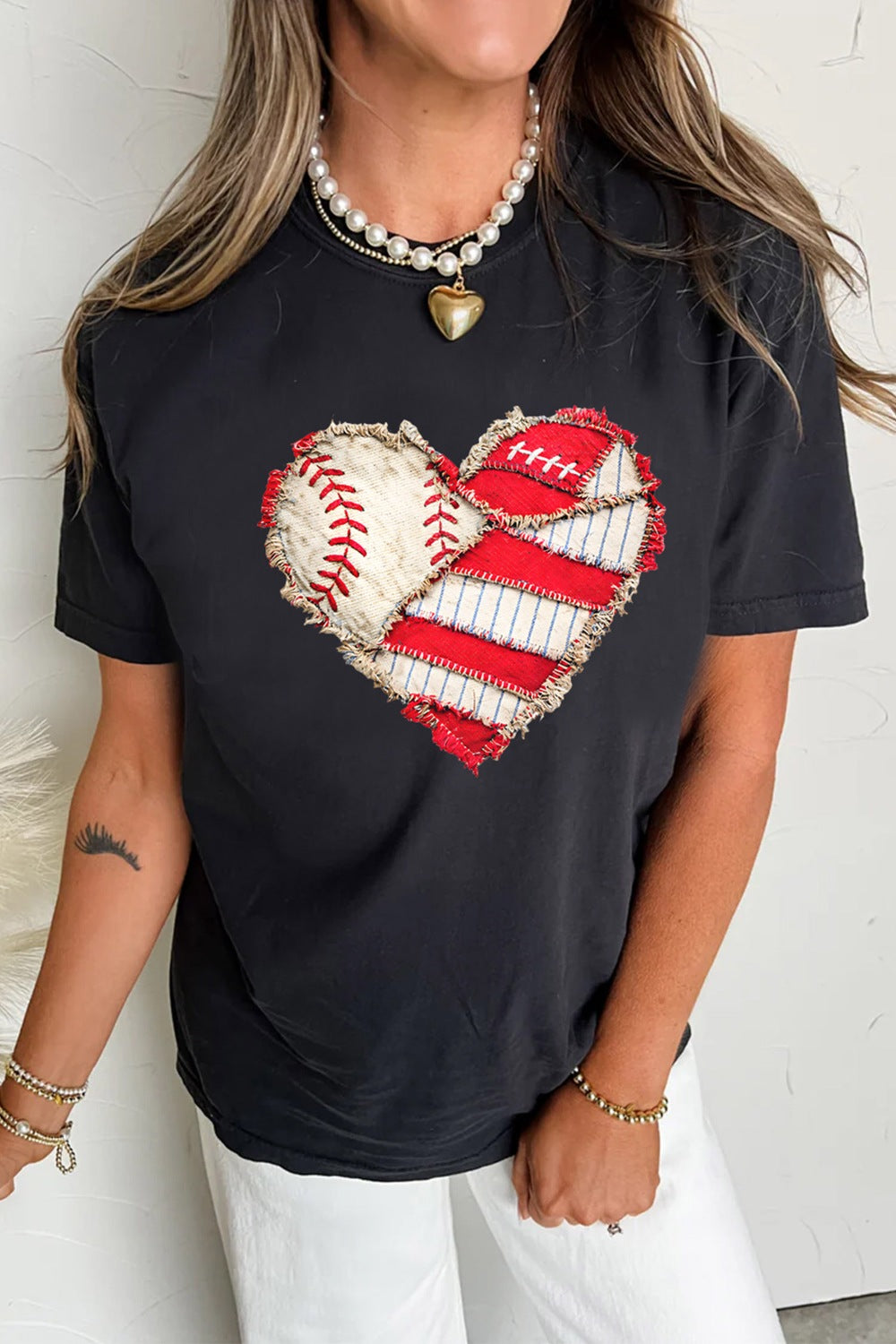 Baseball Distressed Heart Short Sleeve T-Shirt in Black for Women