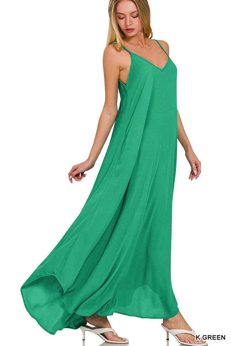 Woven Crinkle Cami Maxi Dress with Side Pockets in Green for Women