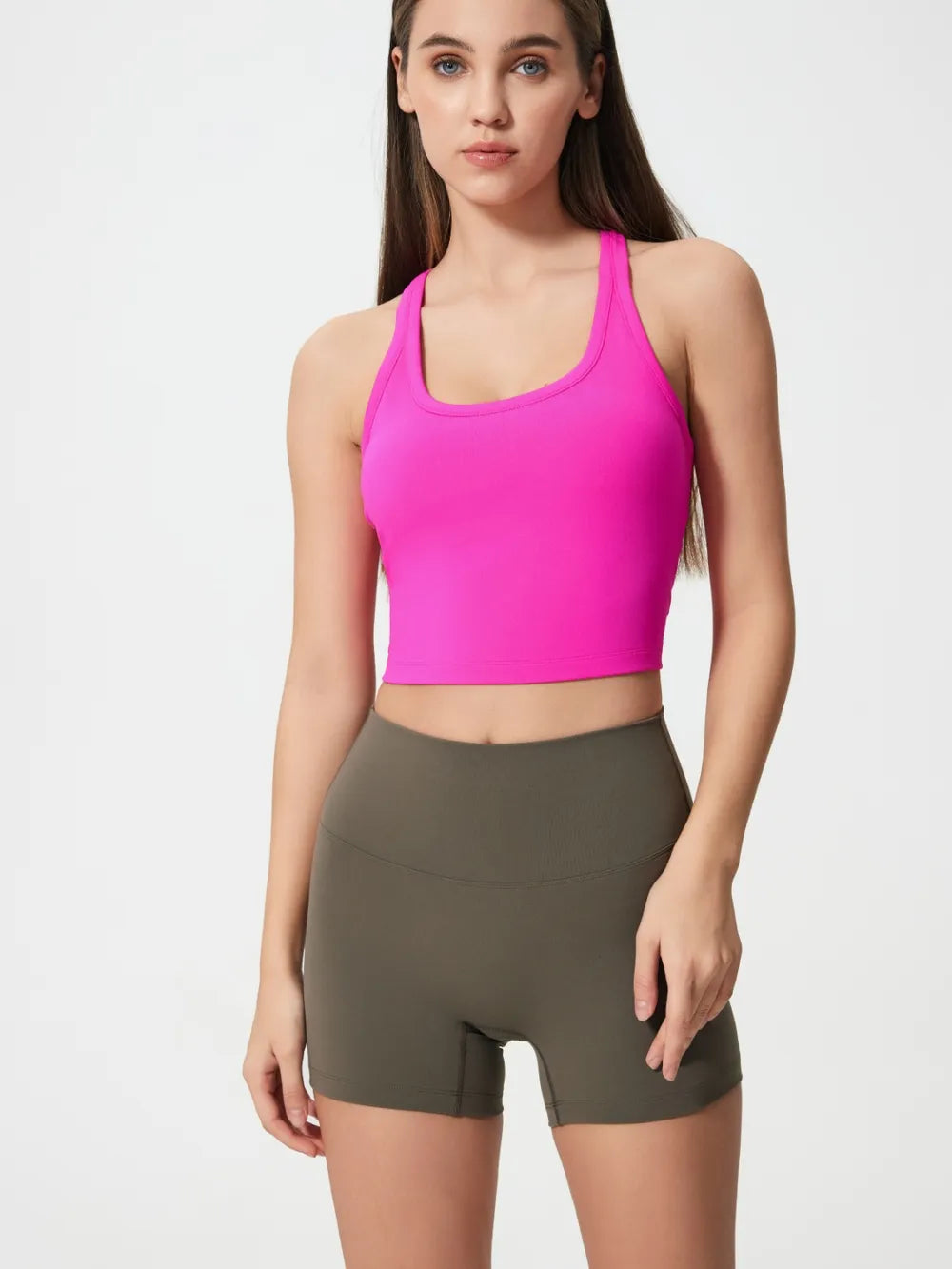 Scoop Neck Active Tank with Detachable Chest Pads in Hot Pink for Women