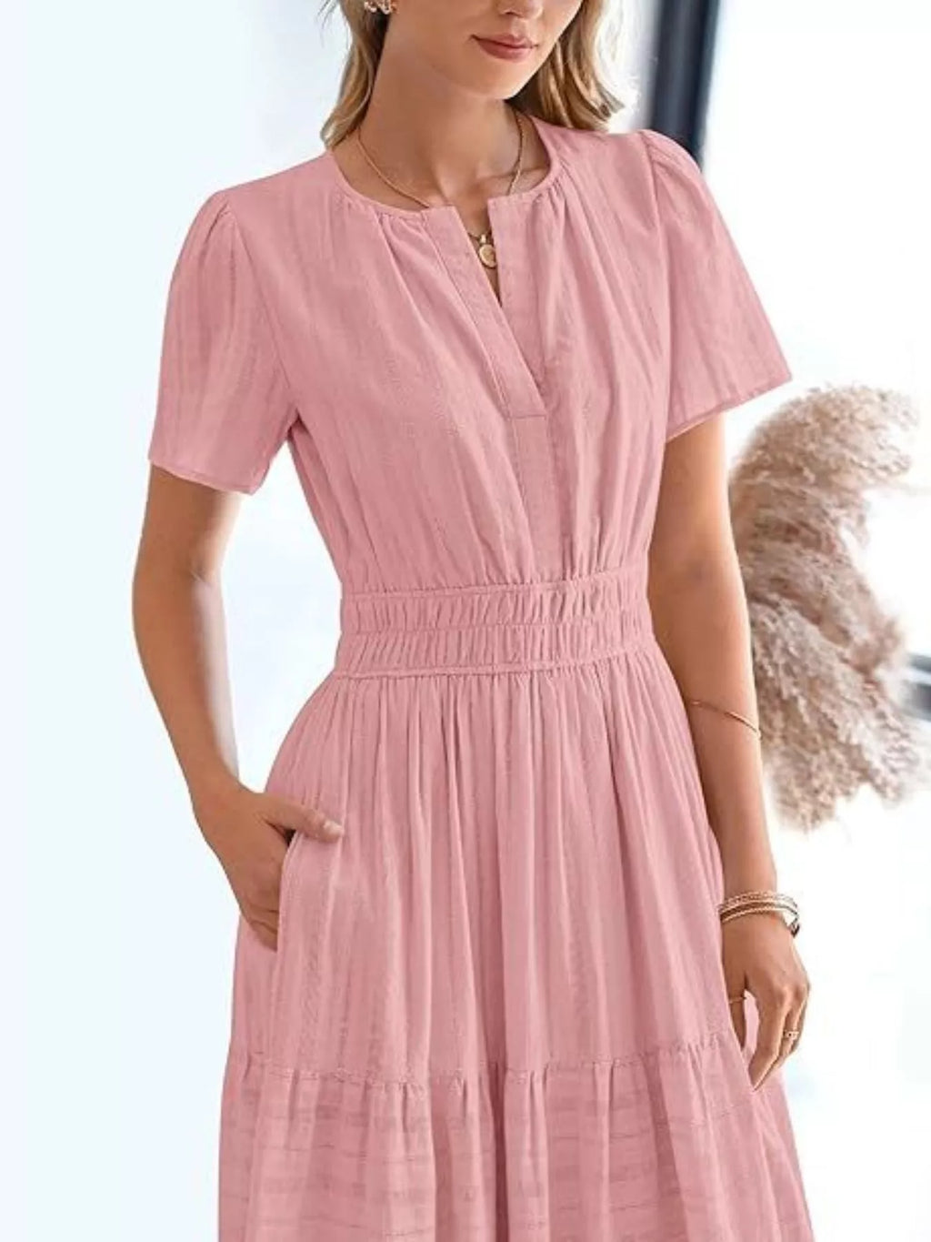 Plus Size Short Sleeve Tiered Midi Dress in White for Women