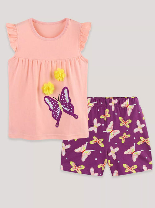 Butterfly Ruffle Sleeve Top & Shorts Set in Watermelon Pink for Girls