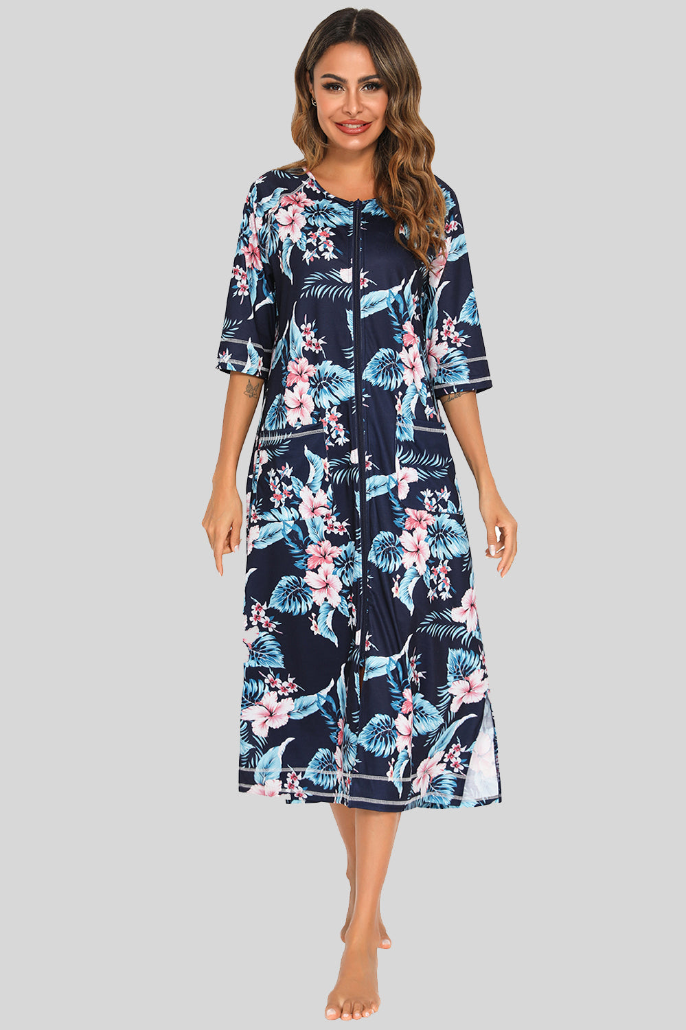 Printed Slit Night Dress with Pockets in Azure for Women