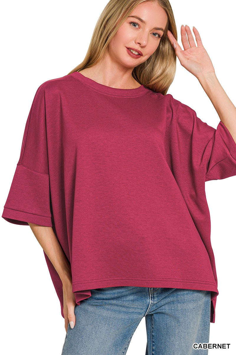 Scuba Round Neck Top with Side Slits Plus Size in Cabernet for Women