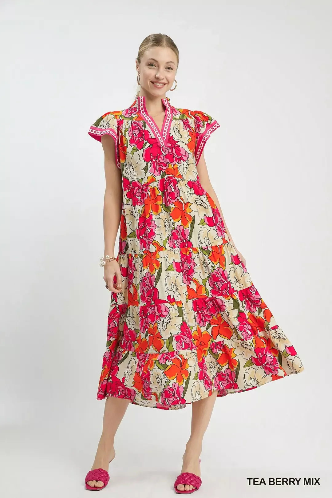 Mix Bold Floral Tiered Midi Dress in Tea Berry Mix for Women