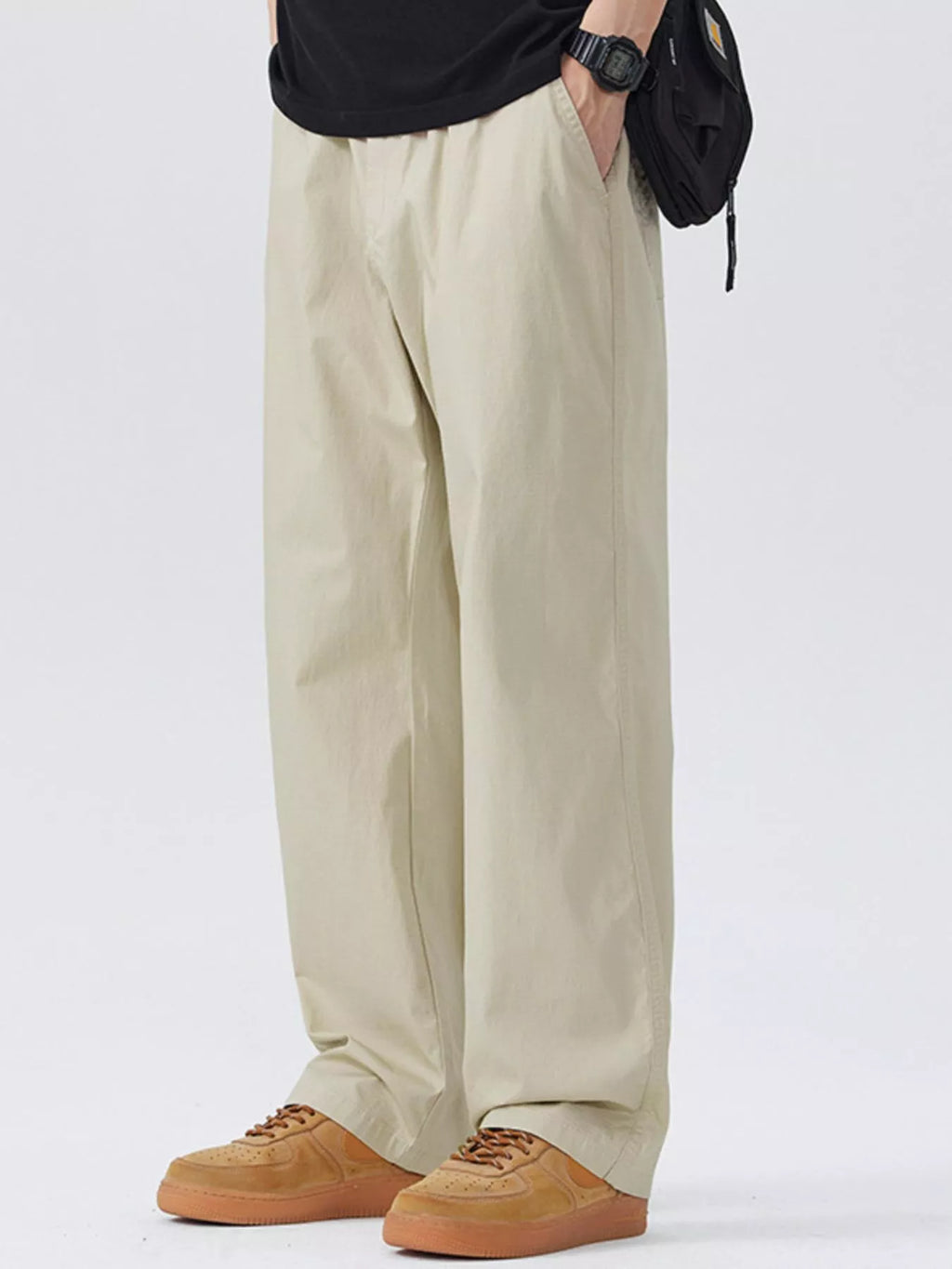 Casual Loose Fit Wide Leg Pants Plus Size in Light Khaki for Men