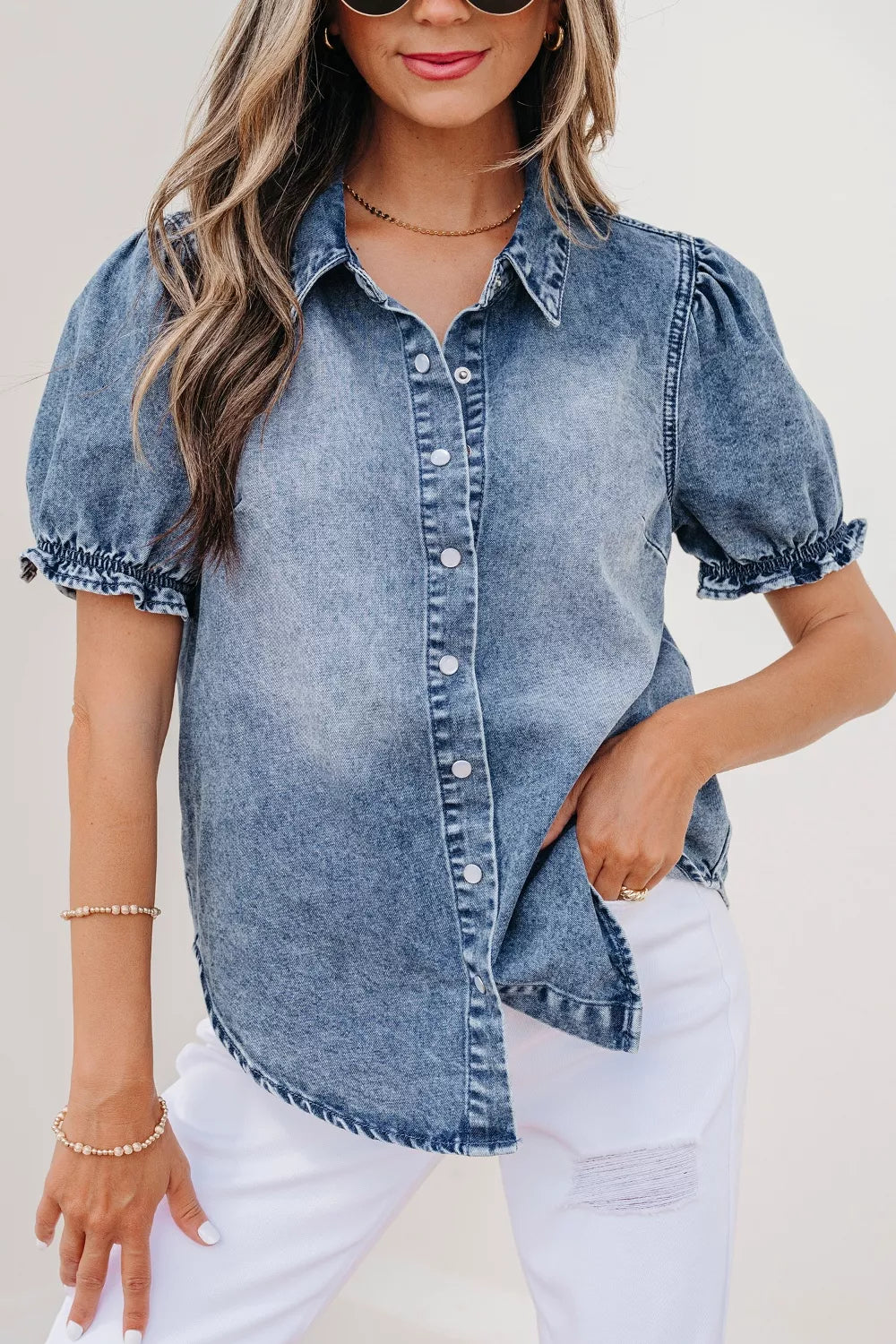 Frilled Short Sleeve Snap Button Denim Shirt in Medium for Women