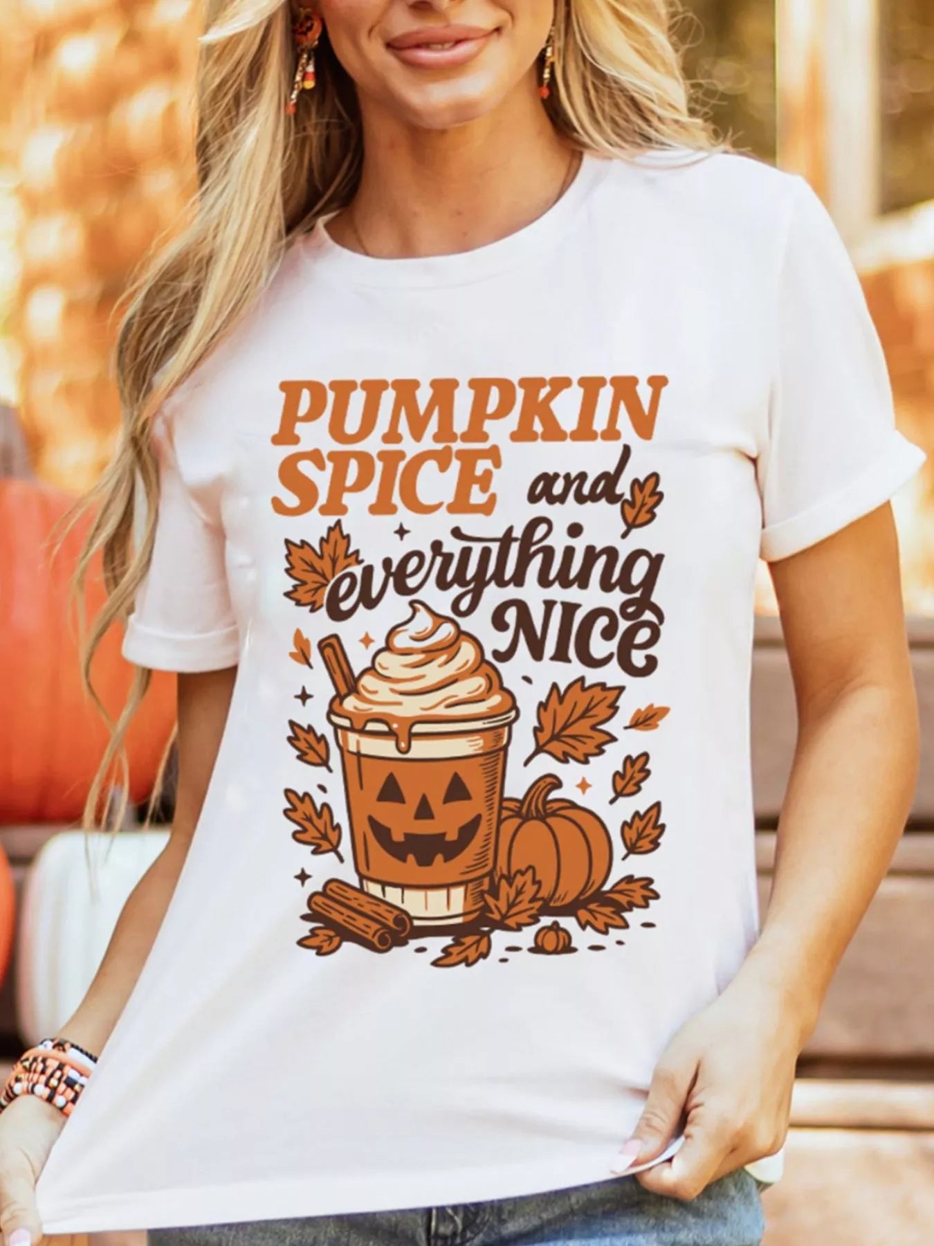 Fall Vibe Thanksgiving Graphic T-Shirt in White for Women