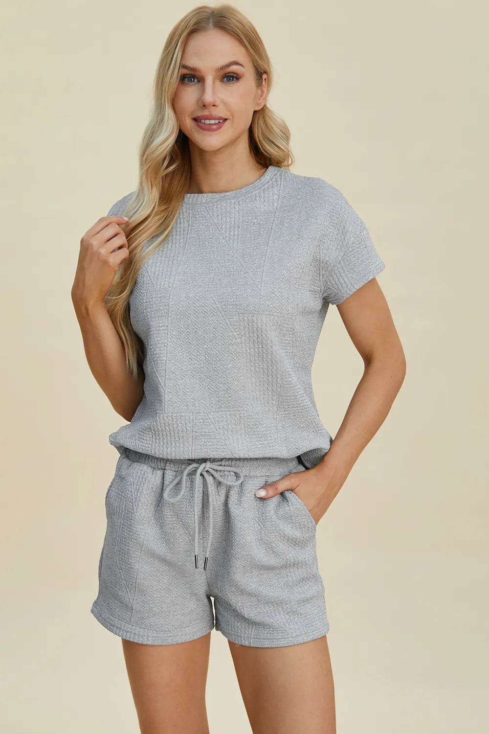 Plus Size Texture Short Sleeve Top and Shorts Set in Black for Women