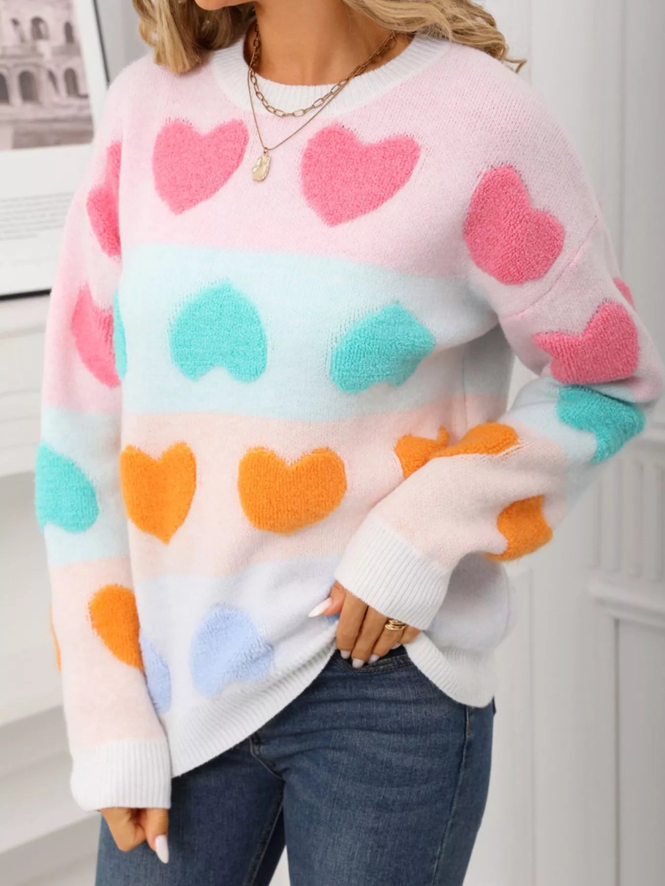 Valentines Day Heart Pattern Fuzzy Knit Sweater in White for Women