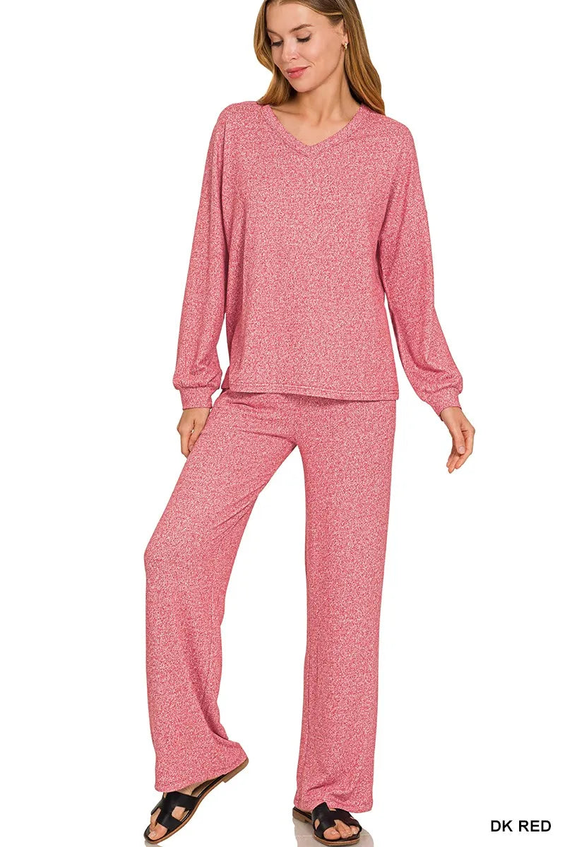 Soft Melange Long Sleeve Tee & Pants Set in Dark Red for Women