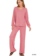 Soft Melange Long Sleeve Tee & Pants Set in Dark Red for Women