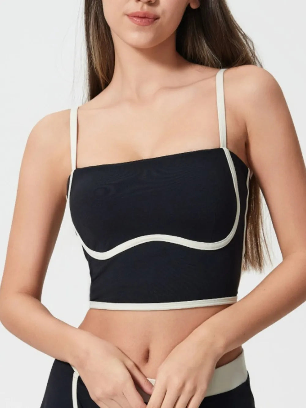 Contrast Trim Square Neck Active Cami with Detachable Chest Pads in Black for Women