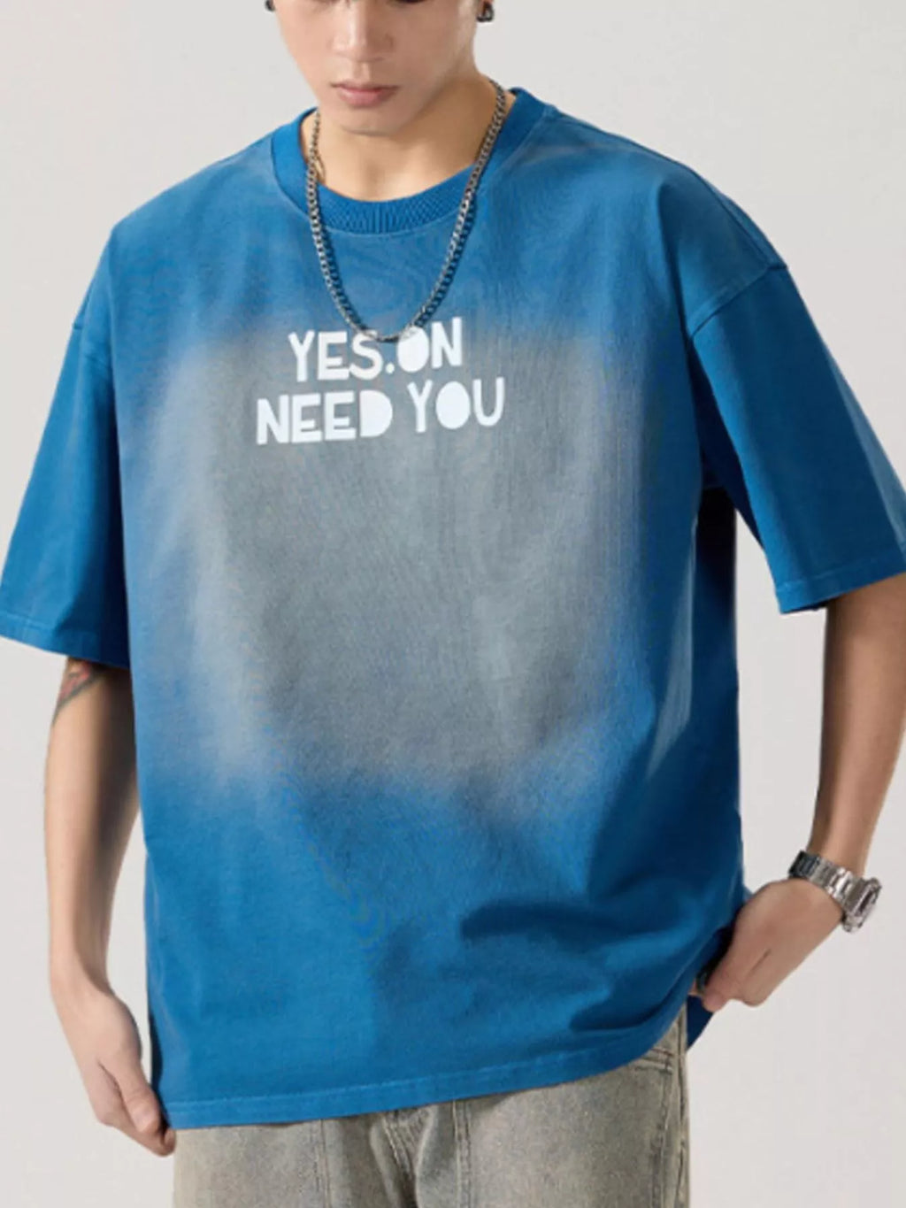 Letter Round Neck Short Sleeve T-Shirt Plus Size in Washed Gray for Men