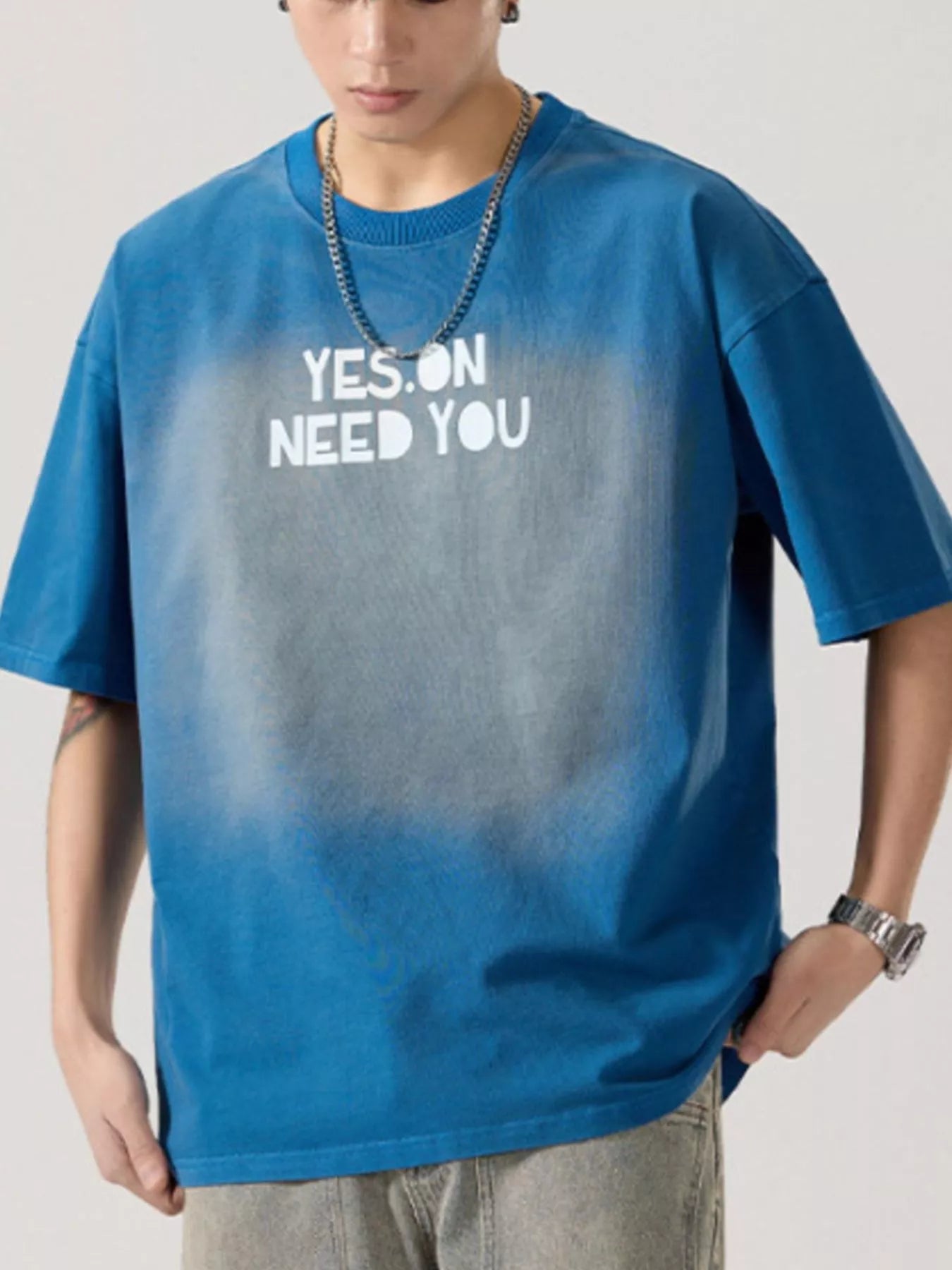 Letter Round Neck Short Sleeve T-Shirt Plus Size in Washed Gray for Men