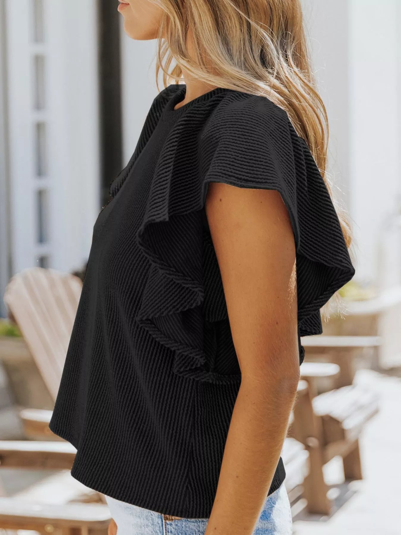 Ruffled Sleeve Ribbed Knit T-Shirt Plus Size in Brown for Women