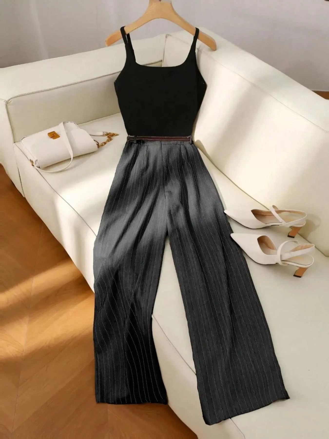 Sleeveless Top and Wide Leg Pants Set in Dark Gray for Women