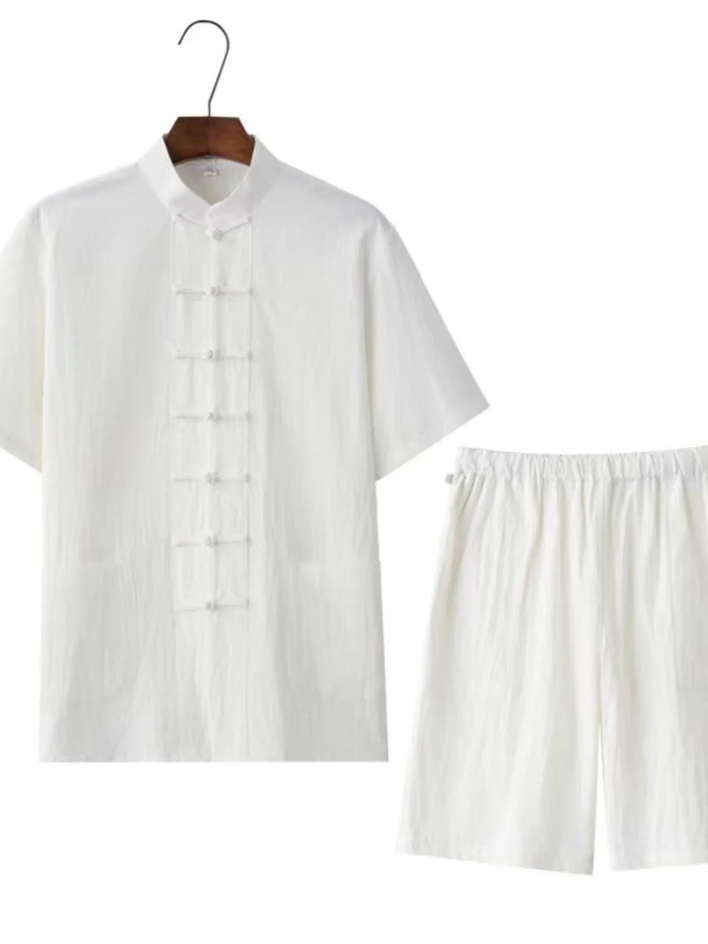 Plus Size Chinese Style Top and Shorts Set in White for Men