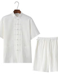Plus Size Chinese Style Top and Shorts Set in White for Men