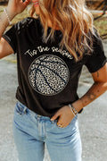 Leopard Basketball Graphic Crew Neck Tee in Black for Women