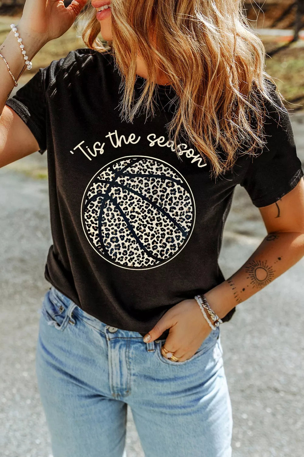 Leopard Basketball Graphic Crew Neck Tee in Black for Women