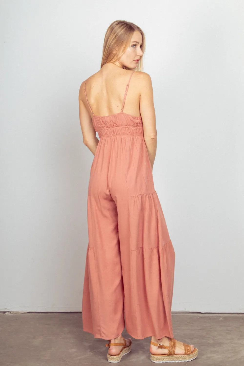 Sleeveless Ruched Wide Leg Jumpsuit in Blush for Women
