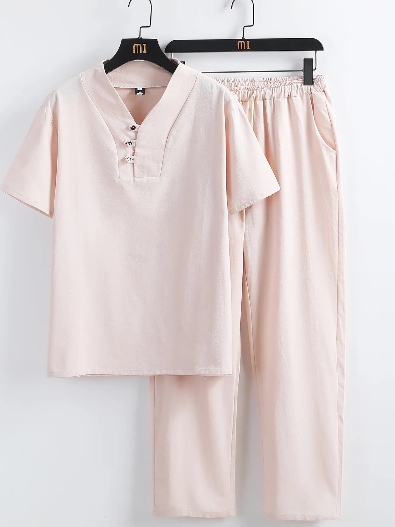 Plus Size V-Neck Short Sleeve Top and Pants Set in White for Men