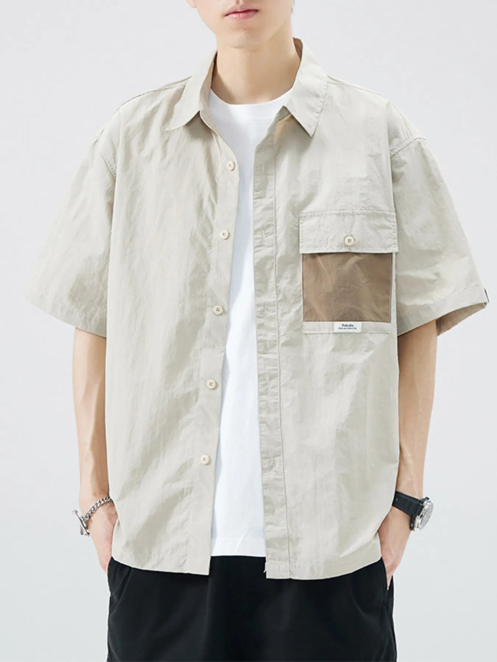Plus Size Button Up Short Sleeve Shirt in Ivory for Men