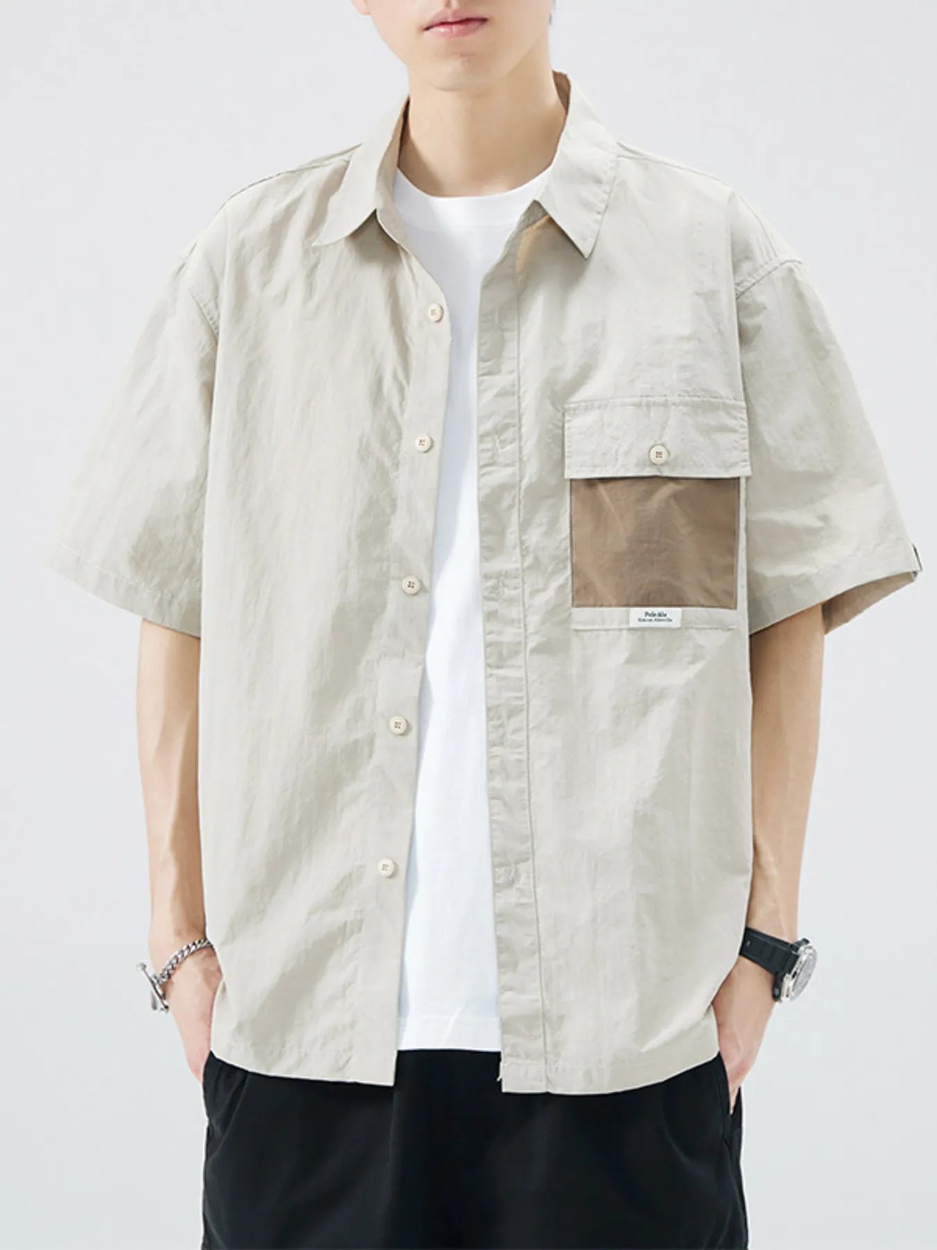 Plus Size Button Up Short Sleeve Shirt in Ivory for Men