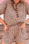 Leopard Print Ribbed Patchwork Half Button Loose Tee Elastic Waist Shorts Two-Piece Set in Mocha for Women