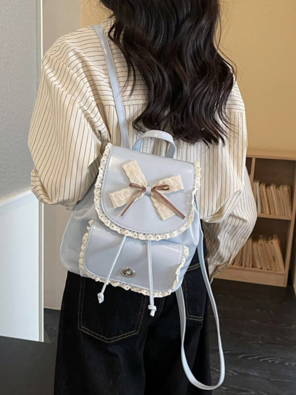 Lace Trim Bow Decor Backpack Bag for Women