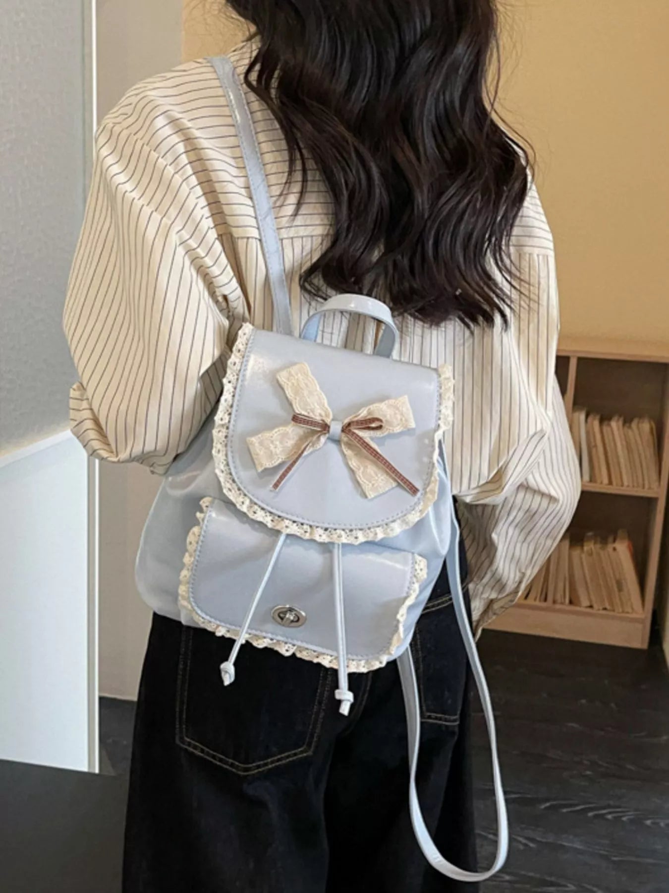 Lace Trim Bow Decor Backpack Bag for Women
