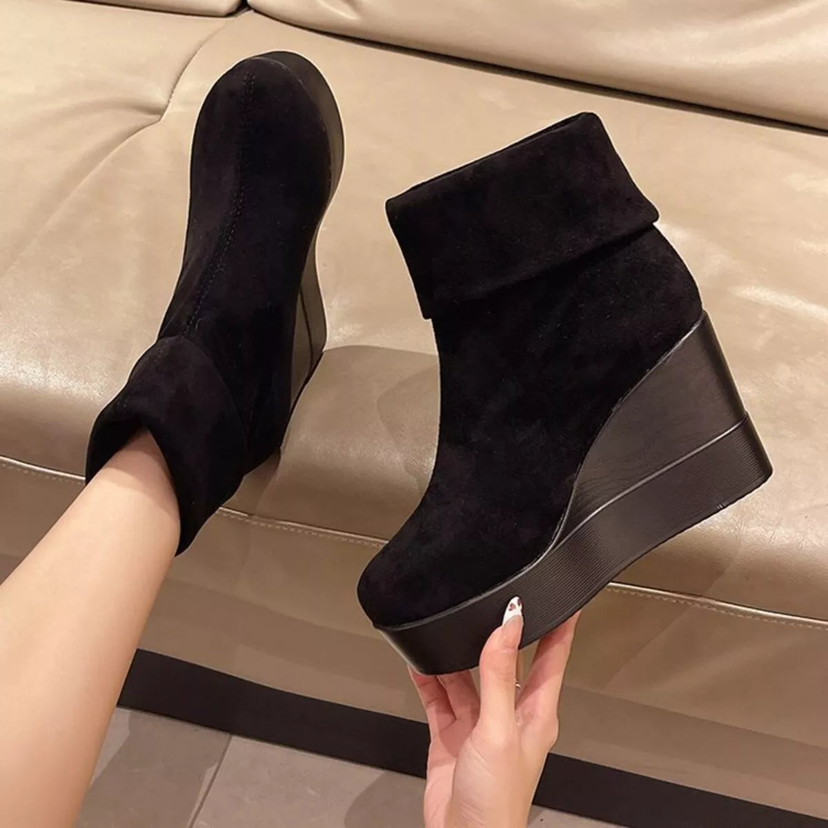 Round Toe Wedge Boots in Black for Women