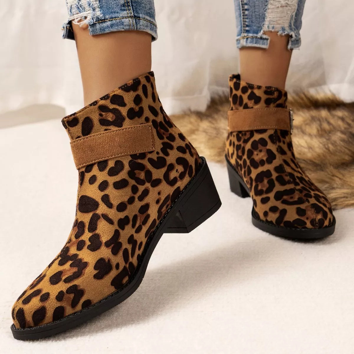 Point Toe Block Heels Boots in Leopard Print for Women