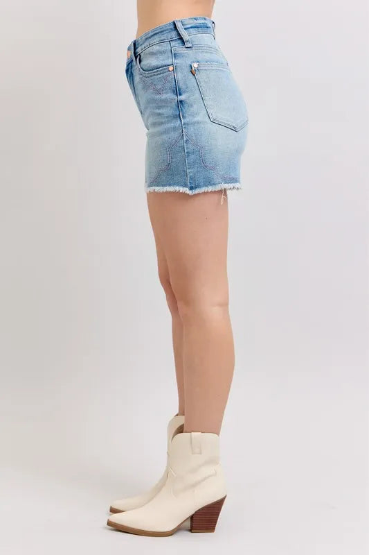 High Waist Western Embroidery Detail Cut Off Denim Shorts Plus Size in Light for Women