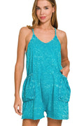 Acid Crinkle Washed Spaghetti Strap Romper in Light Teal for Women