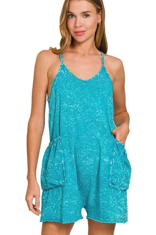 Acid Crinkle Washed Spaghetti Strap Romper in Light Teal for Women