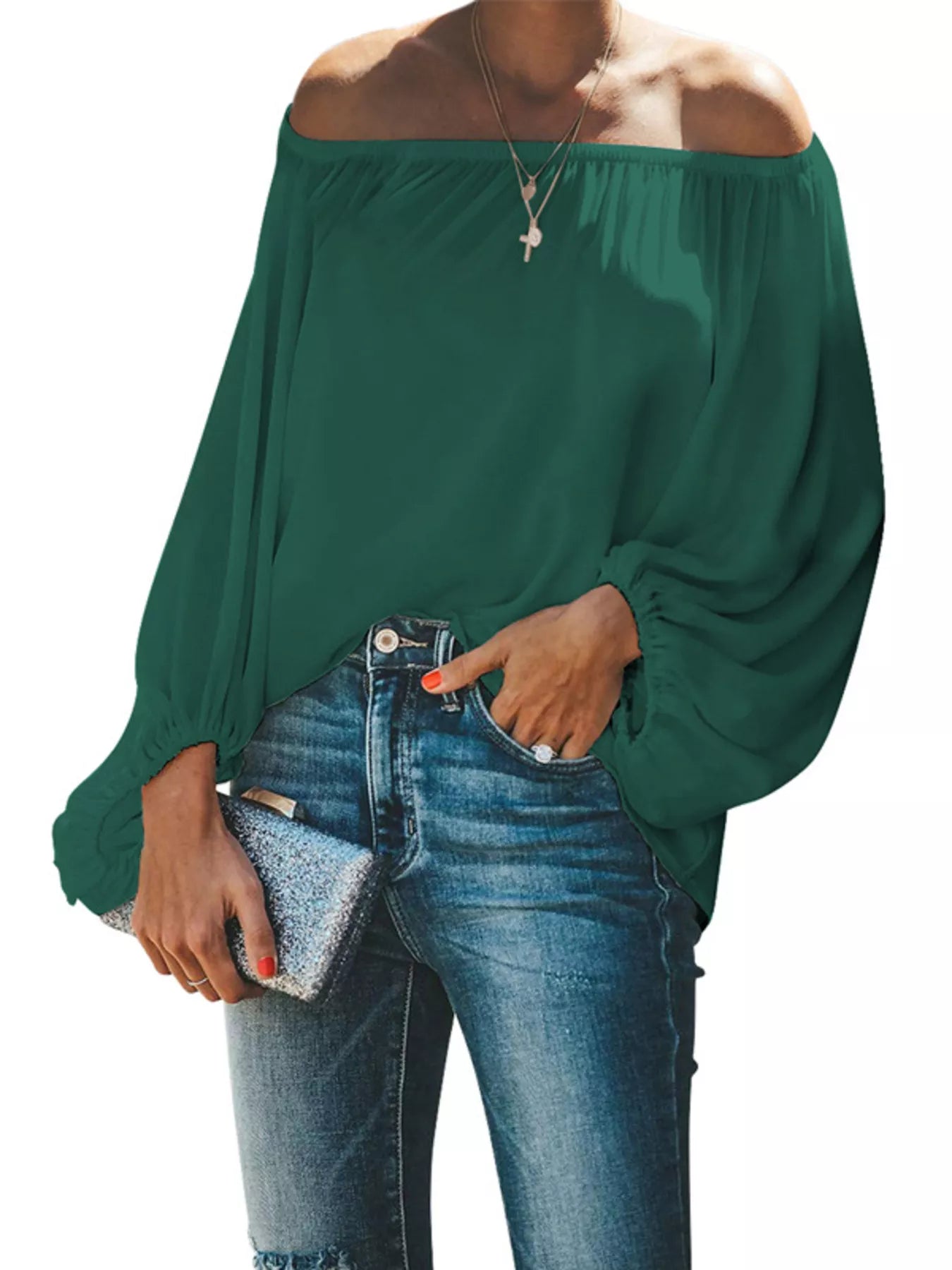 Off-Shoulder Balloon Sleeve Blouse Plus Size in White for Women