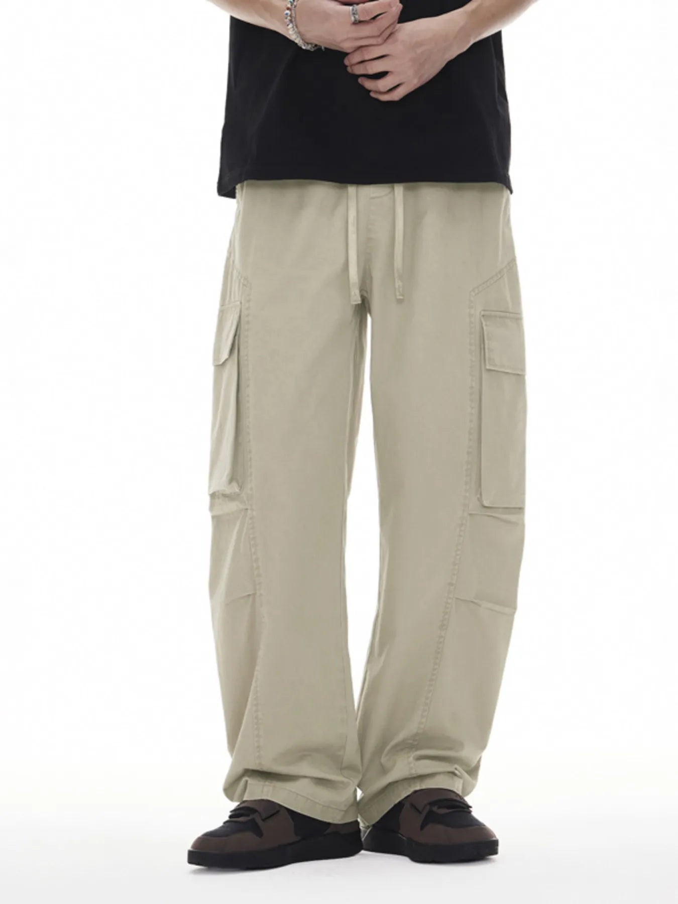 Plus Size Wide Leg Cargo Drawstring Pants in Black for Men