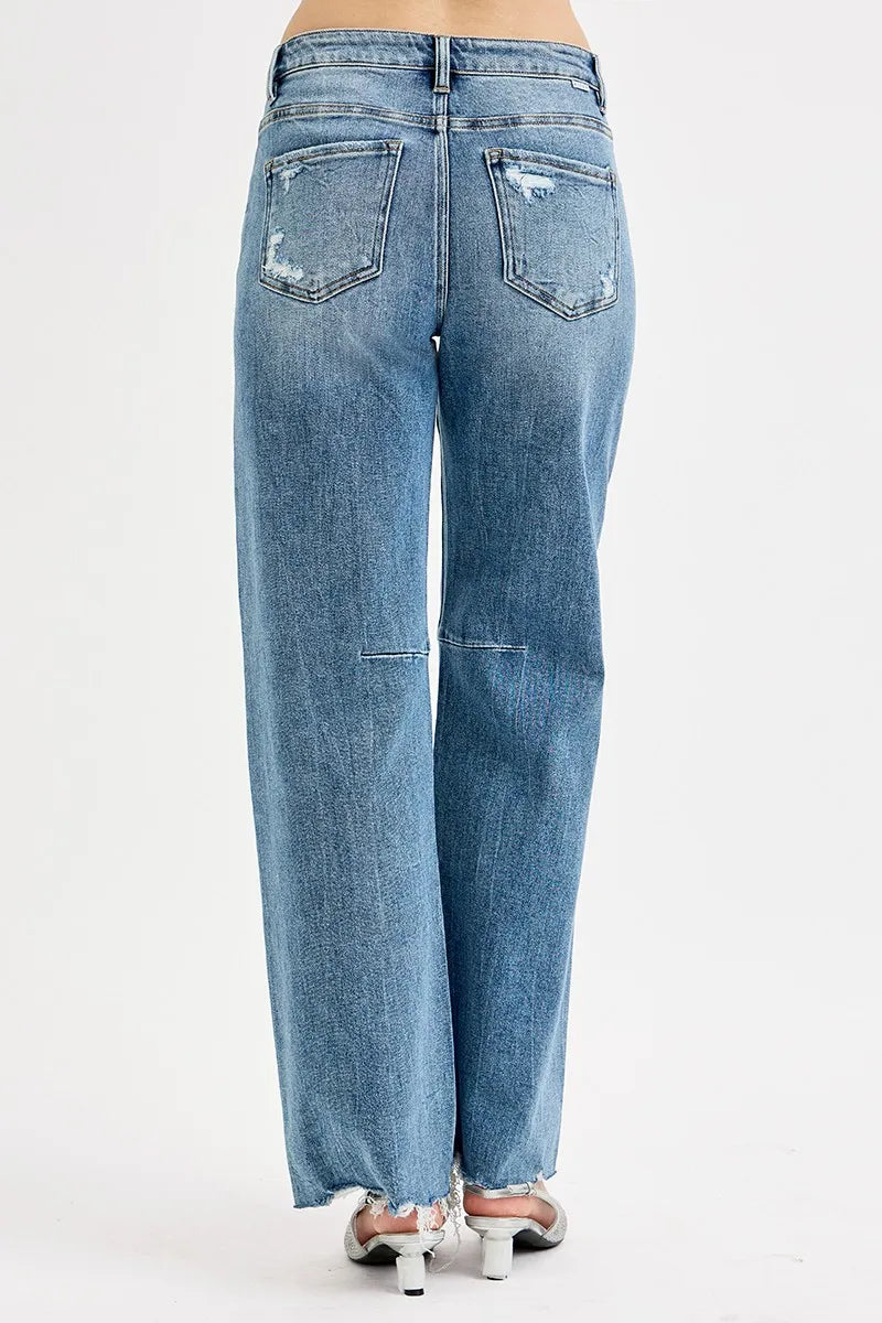 Mid Rise Fit Wide Baggy Leg Tie Washed Jeans Plus Size in Medium for Women