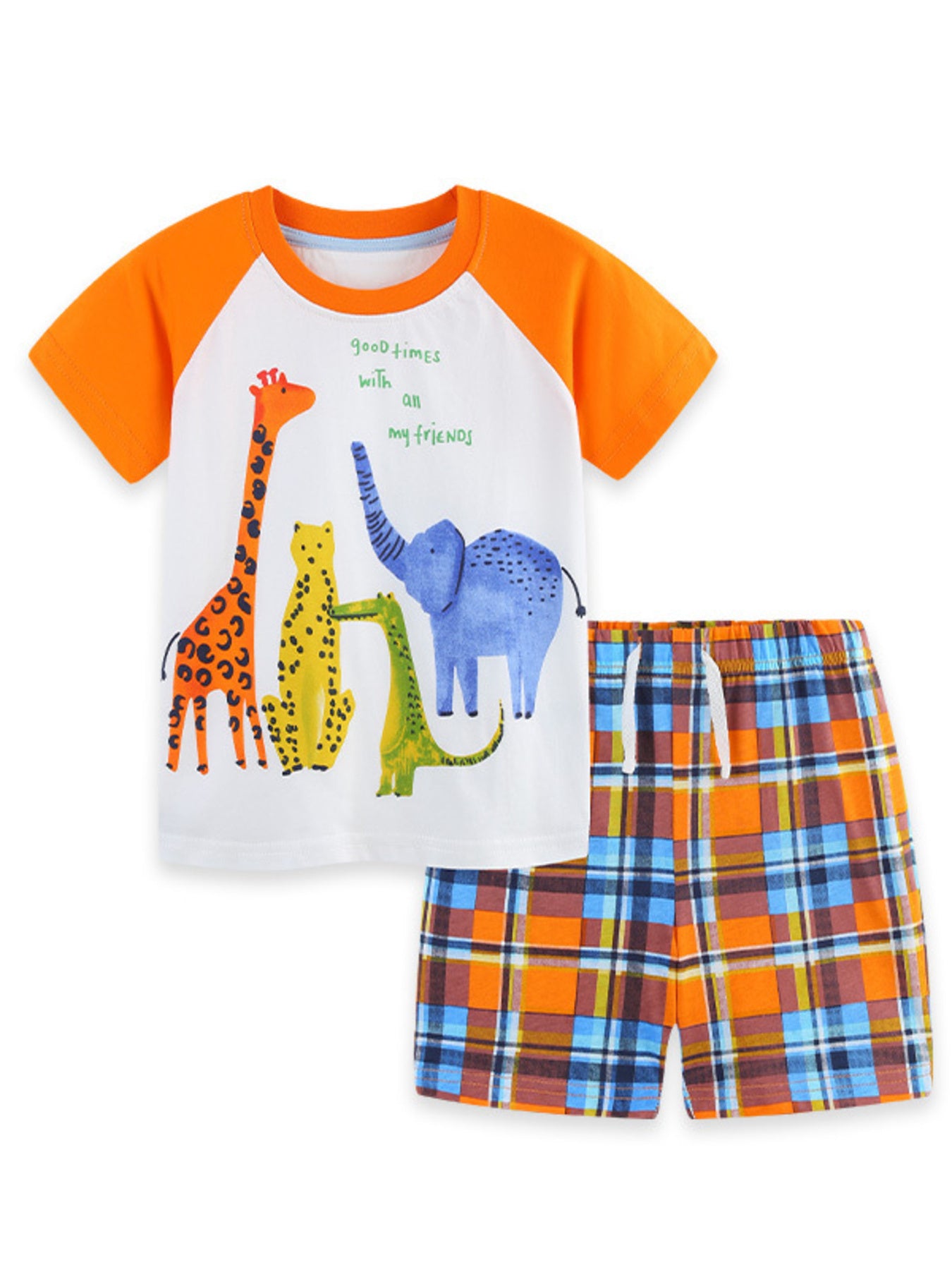 Animal Print Tee & Plaid Shorts Set in Orange for Boys