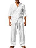 Button Up Shirt and Pants Set Plus Size in White for Men