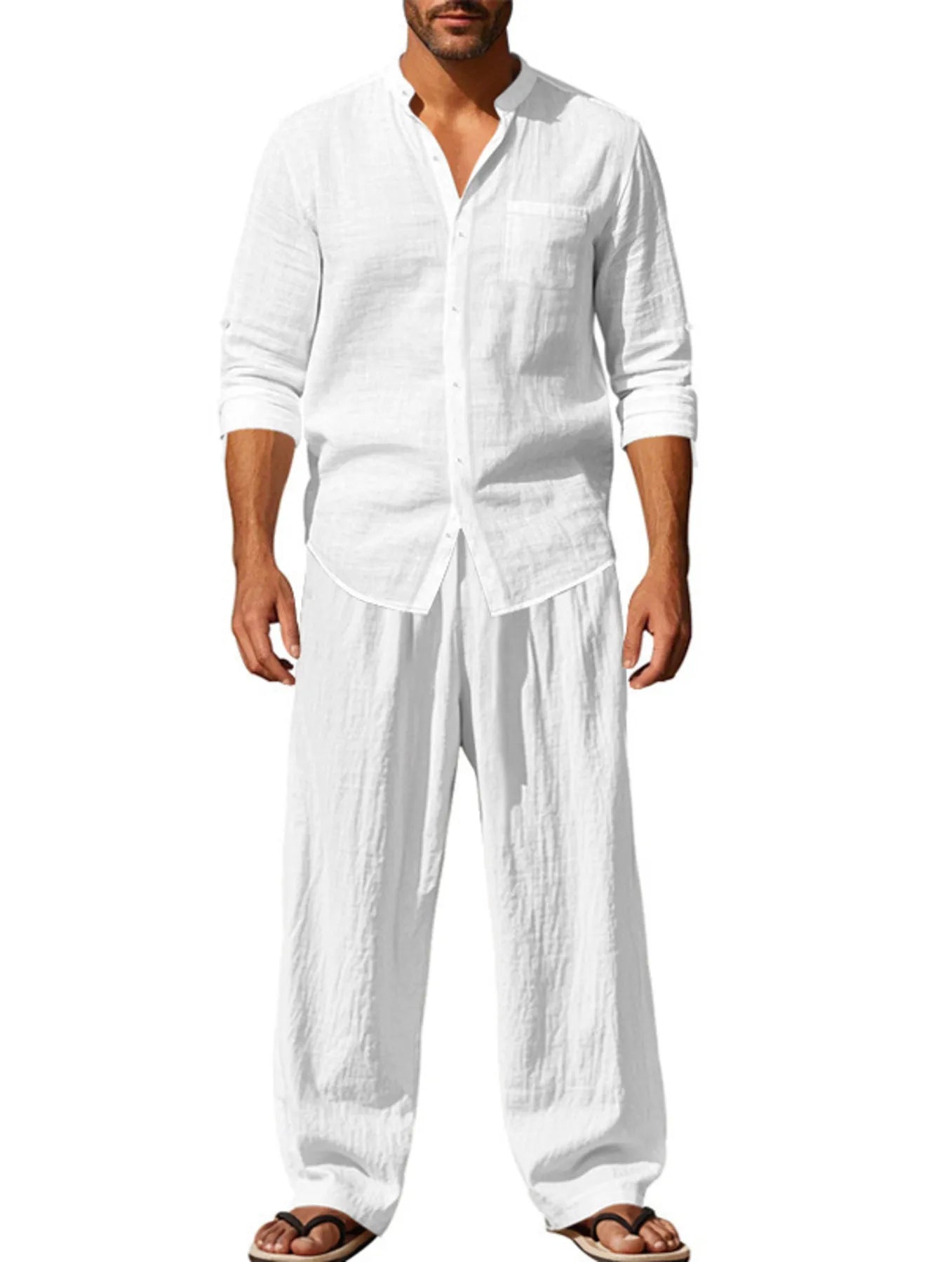 Button Up Shirt and Pants Set Plus Size in White for Men
