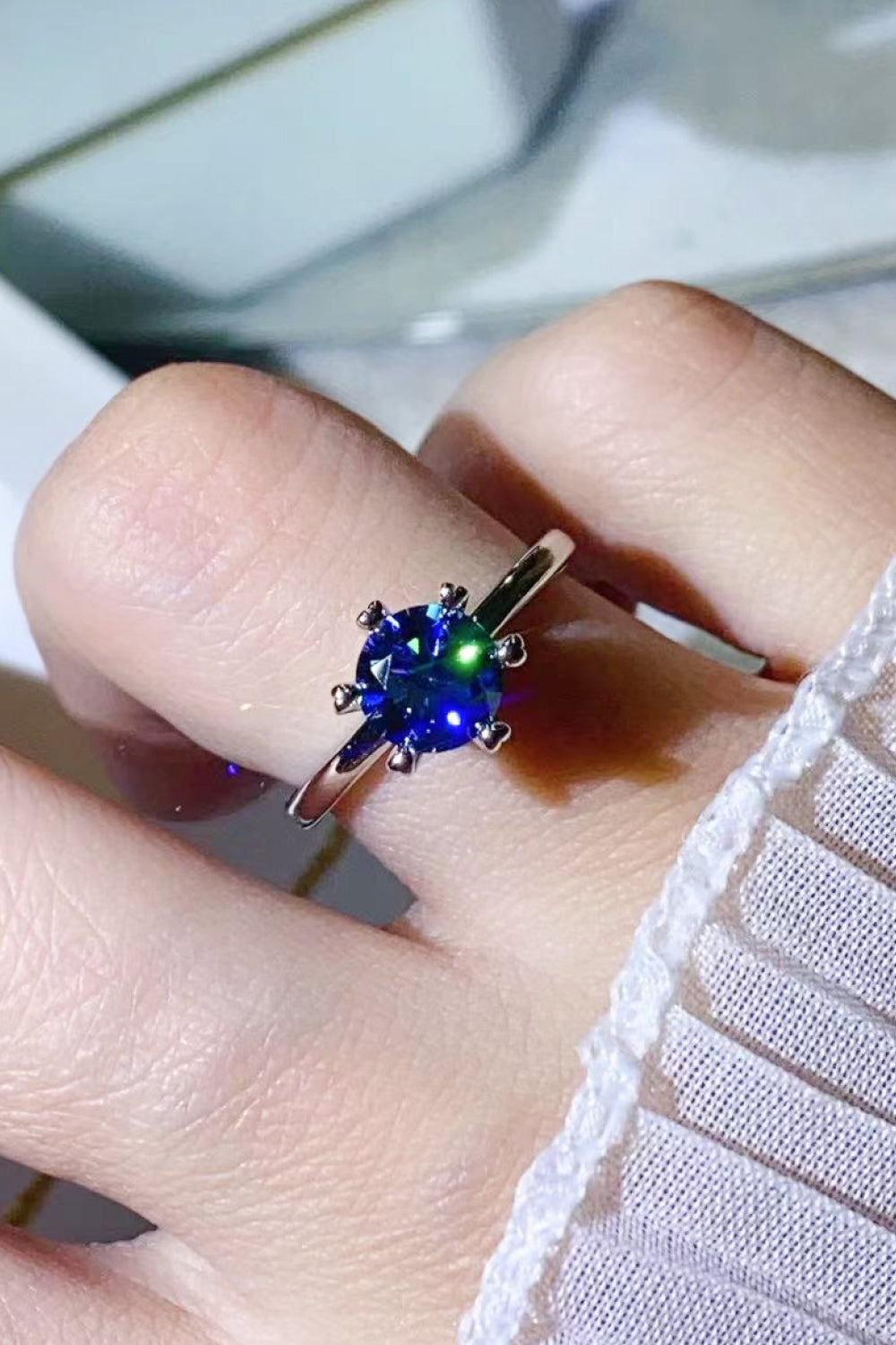 1 Carat Moissanite 6-Prong Solitaire Ring in Blue for Women