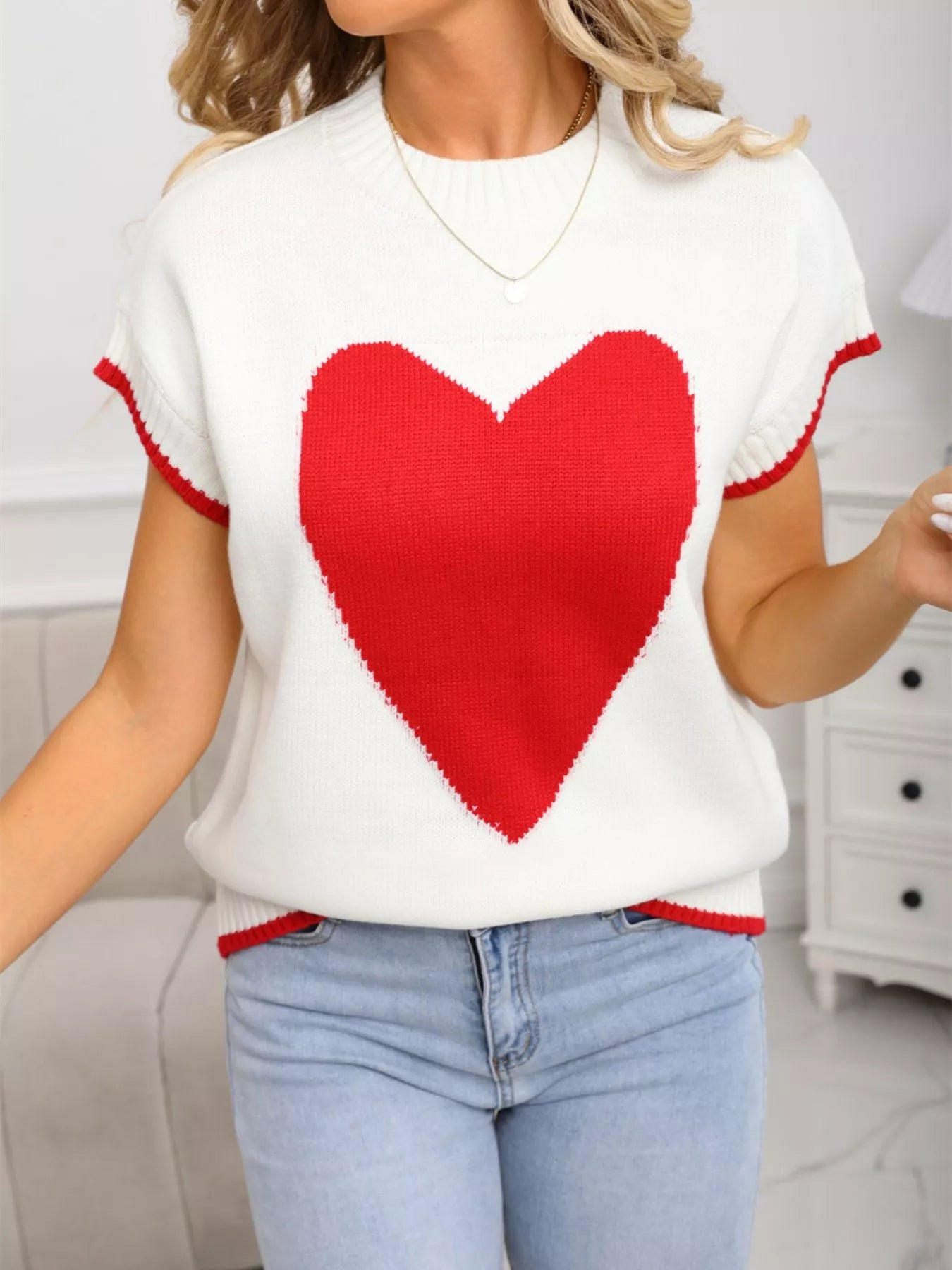 Valentines Day Heart Graphic Short Sleeve Sweater in White for Women